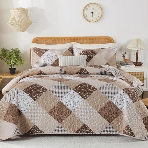 Miniatura 10 de Dinjoy Juego de edredón floral a cuadros de retazos tamaño California King, juego de ropa de cama reversible marrón de microfibra suave, colcha
