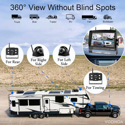 Miniatura 4 de Sistema de cámara inalámbrica 1080P para RV, cámara de respaldo de visión nocturna IP69 impermeable con cámara de visión trasera lateral y monitor