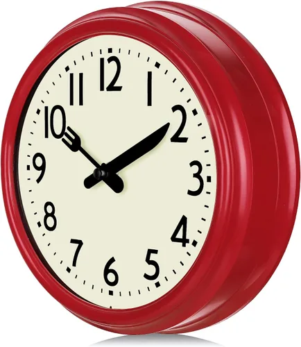 Miniatura 7 de Lafocuse Reloj de pared retro silencioso de cocina con agujas de cuchillo y tenedor, reloj de pared rojo vintage pequeño de 9.5 pulgadas, funciona