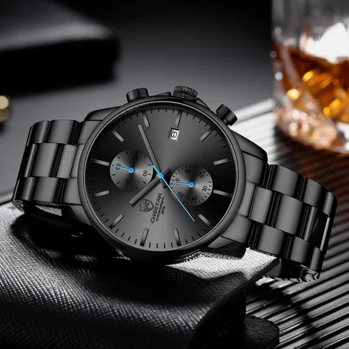 Miniatura 4 de Golden Hour Fashion Business Relojes para hombre con cronógrafo, a prueba de agua, de acero inoxidable, reloj de cuarzo con fecha automática