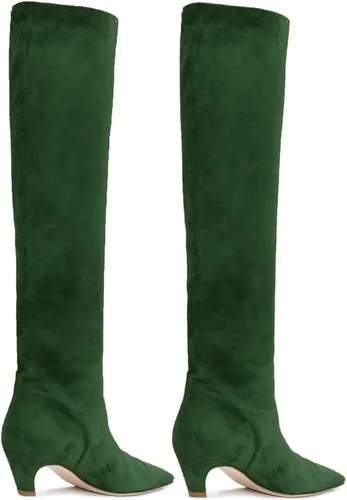 Miniatura 6 de MOOMMO Botas altas de tacón de gatito sobre la rodilla para mujer, punta cuadrada, de cuero mate, de meter de pantorrilla ancha, plisadas, tacón