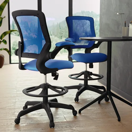 Miniatura 6 de Flash Furniture Kale Silla de dibujo ergonómica de malla azul con respaldo medio Anillo de pie ajustable, brazos abatibles