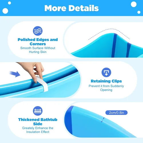 Miniatura 4 de Bañera plegable grande para el hogar, bañera portátil azul para adultos en el baño, bañera independiente con manguera de drenaje de 3.6 pies y tapón