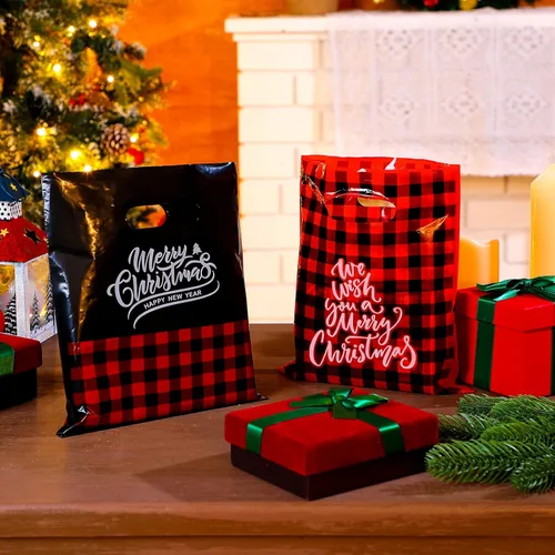 Miniatura 6 de Sadnyy Paquete de 100 bolsas de plástico para regalo de Navidad a granel, pequeñas bolsas de compras de Feliz Navidad, mercancía gruesa impresa al
