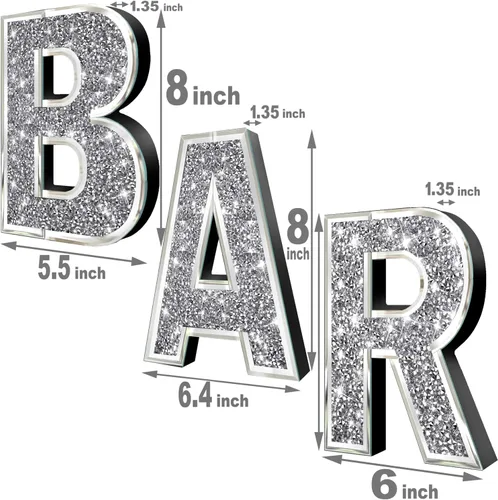 Miniatura 6 de ZOLAPI 3 piezas Letras Independientes BAR. Letras de Cristal Diamante Glamorosas. Vidrio Espejo Plateado Decoración del Hogar para Pared, Cocina