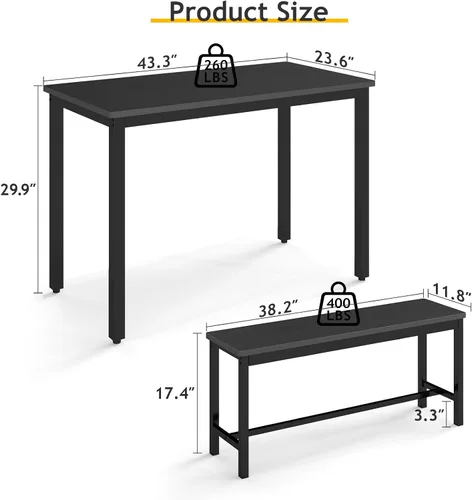 Miniatura 7 de Rovibek Juego de mesa de comedor para 4 personas con 2 bancos, juego de mesa de cocina que ahorra espacio para cocina y comedor, color negro