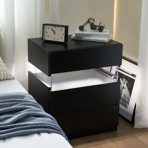 Miniatura 11 de Mesita de noche LED para dormitorio, moderna madera con 2 cajones, mesita de noche negra y dorada, mesa auxiliar con luz LED ajustable