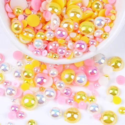 Miniatura 11 de Perlas con parte trasera plana para manualidades, 50g Mezcla Azul Rosa Blanco Medias perlas para manualidades, Tamaño mixto 3/4/5/6/8/10mm Perlas