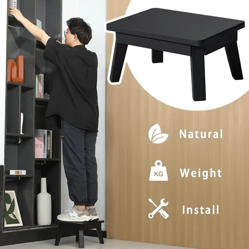 Miniatura 6 de HOUCHICS Taburete de madera, taburete de un solo paso para adultos y niños, taburetes de madera para adultos, baño, dormitorio (negro)