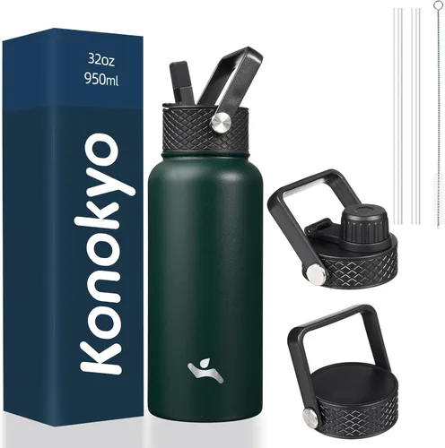 Miniatura 57 de Konokyo - Botella de agua aislada de 18 onzas, botellas deportivas de acero inoxidable con 3 tapas, verde militar