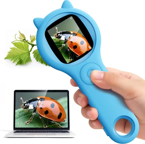 Microscopio de exploración al aire libre para niños, microscopio digital portátil 500X con pantalla IPS de 2 pulgadas, juguete STEM de viaje de Azul