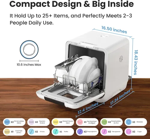 Miniatura 3 de COMFEE' Lavavajillas para encimera, lavavajillas portátil con tanque de agua integrado de 6 L, mini lavavajillas con más espacio en el interior, 7