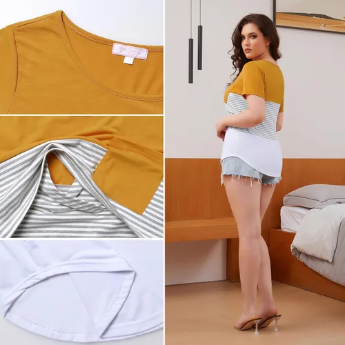 Miniatura 45 de Bhome Camiseta de lactancia con bloque de color de manga corta para lactancia materna camisa de embarazo con bolsillo