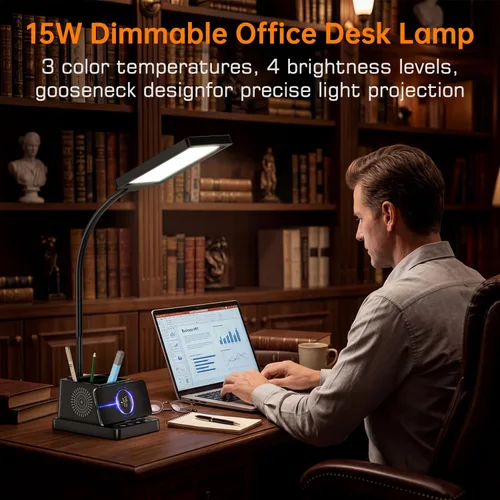 Miniatura 3 de Lámpara de escritorio LED Cozoo para hogar y oficina, lámpara de escritorio brillante de 15W con cargador inalámbrico y soporte para bolígrafos