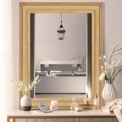 WallBeyond Espejo de Pared de Ratán Rectangular, Espejo de Ratán de 32 X 44 Pulgadas con Marco de Madera para Decoración de Pared, Baño, Sala de