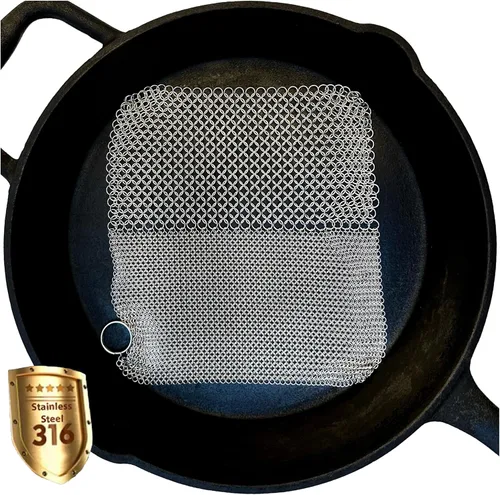 Miniatura 10 de Limpiador de malla de hierro fundido con anillos finos soldados para vasos, limpiador de hierro fundido de sartén (4 x 4 pulgadas)