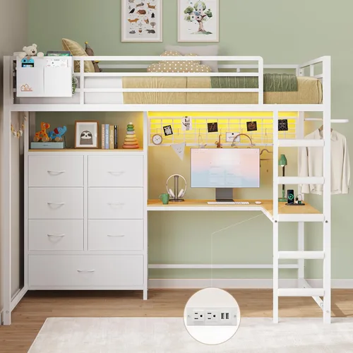Miniatura 12 de DICTAC Cama alta individual con escritorio en forma de L y 7 cajones de almacenamiento, cama alta de metal tamaño individual para niños con luces