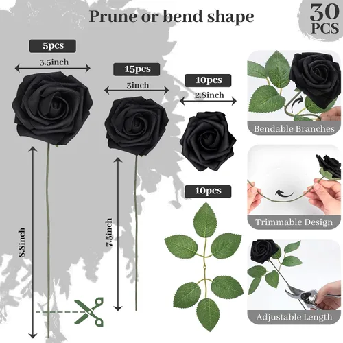 Miniatura 7 de JOHOUSE 20 rosas negras con tallo y 10 cabezas de rosas decorativas – Decoración gótica para el hogar y arreglos florales de boda centros de mesa