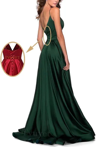 Miniatura 2 de Elegantes vestidos largos de baile para mujer, vestido de baile con abertura en V plisado, vestido formal con tren de satén, vestidos de noche