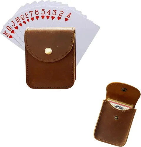Miniatura 4 de Funda de cuero genuino, caja de cartas de juego de una sola cubierta, bolsa de cuero multiusos con clip para cinturón para llevar tarjetas, Marrón