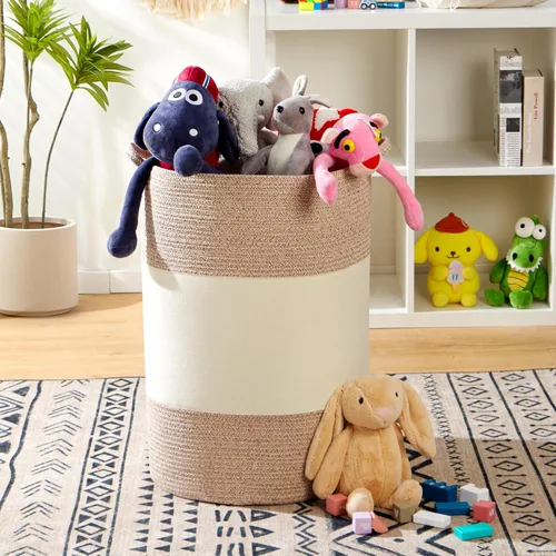 Miniatura 5 de Cesta de lavandería tejida jumbo de 90 litros, cesta de lavandería extragrande de 17 x 17 x 24 pulgadas para almacenamiento de mantas, canasta alta