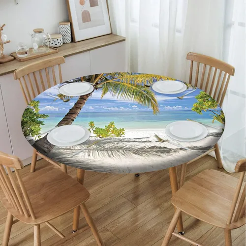 Miniatura 15 de Mantel con patrón de playa, borde elástico, impermeable, lavable, para uso en interiores y exteriores, patio, turquesa aguamarina, para mesas