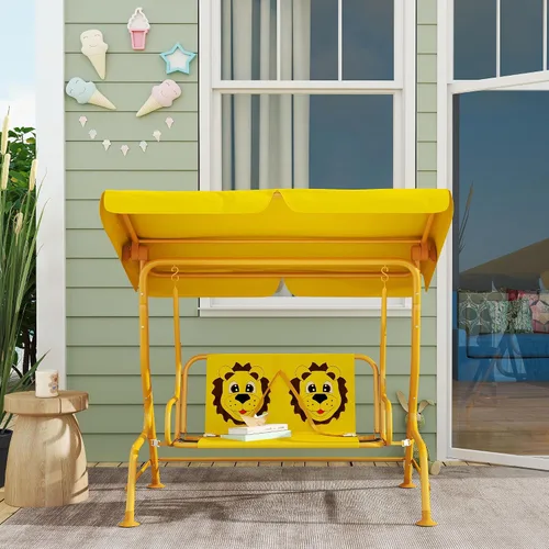 Miniatura 8 de Qaba Columpio de patio para niños, 2 plazas para porche al aire libre con toldo ajustable, cinturón de seguridad, banco colgante con patrón de león