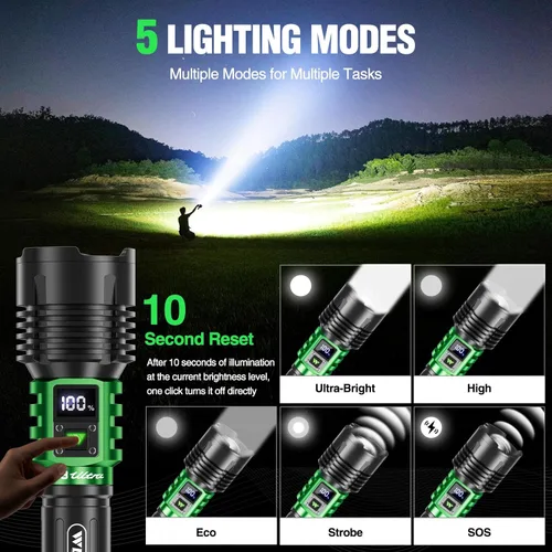 Miniatura 5 de WdtPro Linternas LED recargables de alto lúmenes, linterna recargable súper brillante de 90000LM con pantalla LCD, 5 modos y potente linterna