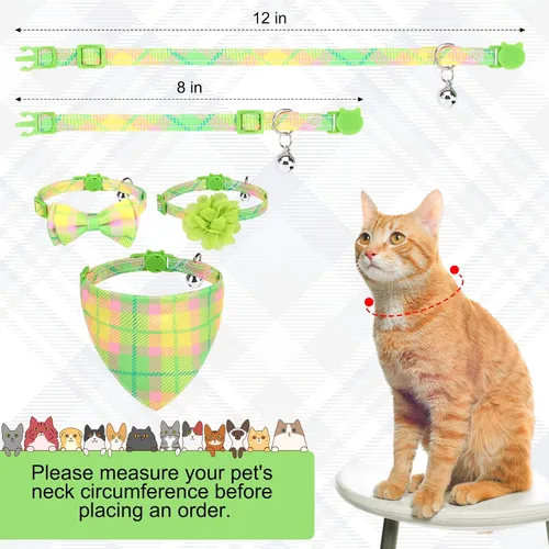 Miniatura 2 de Breakaway - Collares de gato con campana y bonitos colgantes, paquete de 3 collares de seguridad ajustables para gatitos, decoración para gatos Verde