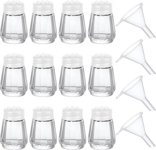 Miniatura 10 de Potchen 12 piezas saleros y pimenteros mini en forma de cubo a granel de 0.5 onzas pequeños de vidrio para especias con mini embudos de plástico