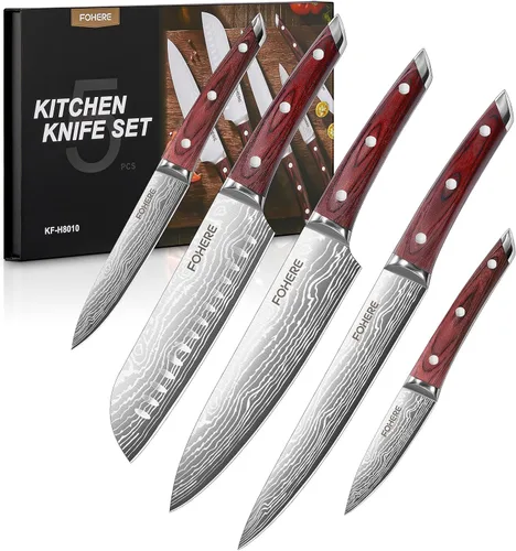FOHERE Juego de cuchillos de chef, 5 cuchillos de cocina ultra afilados con mango ergonómico de madera de Pakka roja, juego de cuchillos
