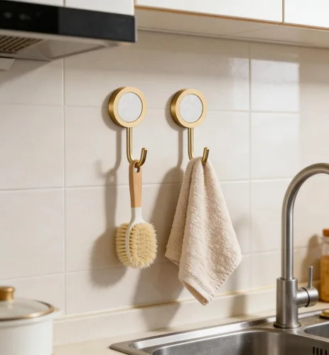 Miniatura 2 de Paquete de 2 ganchos adhesivos, ganchos de pared de latón, gancho para toallas de baño, ganchos autoadhesivos de pared sin clavos para entrada