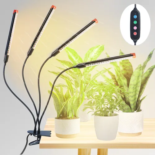 Luces de crecimiento de clip fuerte de 4 cabezales para plantas de interior, inicio de semillas, bonsái, temporizador de 4/8/12/16/20H, 36 W, sin