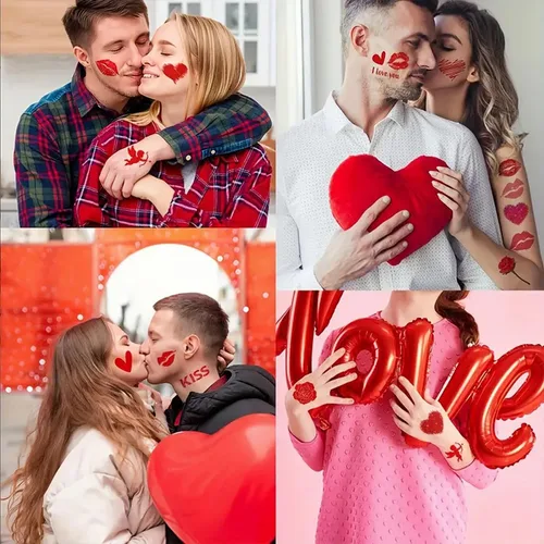 Miniatura 6 de Tatuaje temporal para el día de San Valentín para adultos y niños, tatuajes falsos de labios de corazón rojo, flecha de ángel rosa, calcomanías