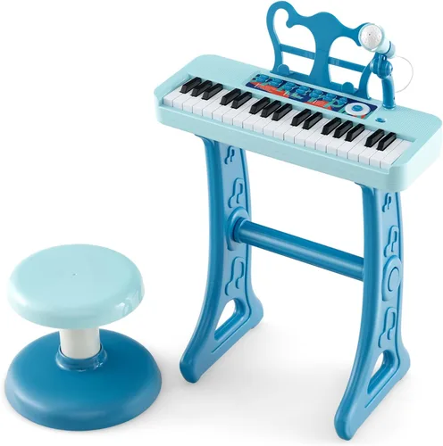 HONEY JOY Piano para niños, piano de teclado azul de 37 teclas para niños con soporte de música y banco, piano de cola de bebé de juguete con
