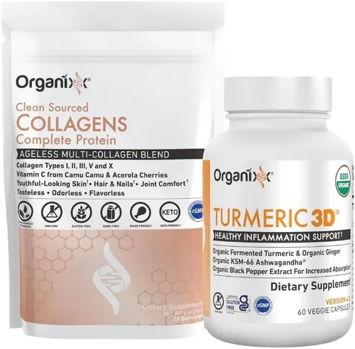Organixx Paquete de colágenos de origen limpio (20 porciones) y cúrcuma 3D (60 tapas), proteína de colágeno, cúrcuma orgánica, jengibre y