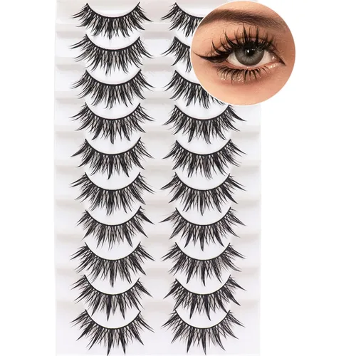 Losha Pestañas postizas Wispy Wet Look Manga, aspecto natural, 0.709 in, pestañas postizas de anime, 10 pares de pestañas postizas hechas a mano (02)