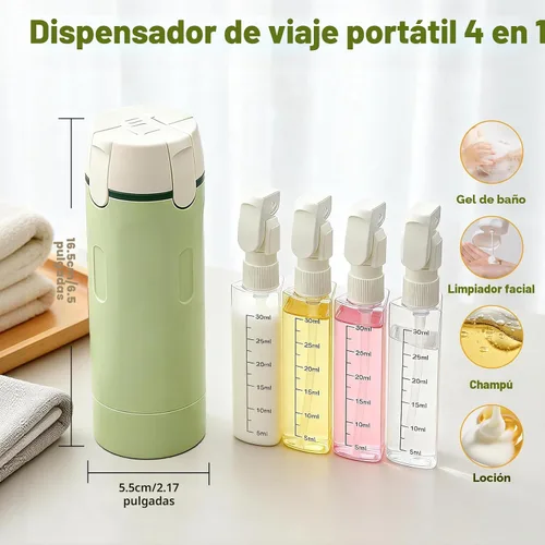 Miniatura 2 de Botella dispensadora de viaje 4 en 1 con cepillo de limpieza, paquete de 4 recipientes de 1.0 fl oz a prueba de fugas recargables para artículos
