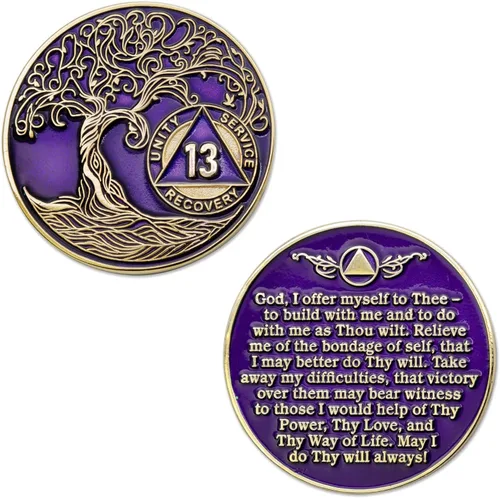 Miniatura 3 de Medallón AA de 13 años, chip de recuperación AA chapado en oro, árbol de la vida, morado Púrpura