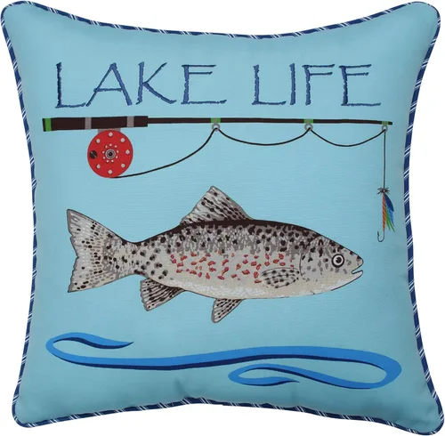 Pillow Perfect Cojín de pesca Lake Life para exteriores/interiores, 18 x 18 pulgadas, color azul