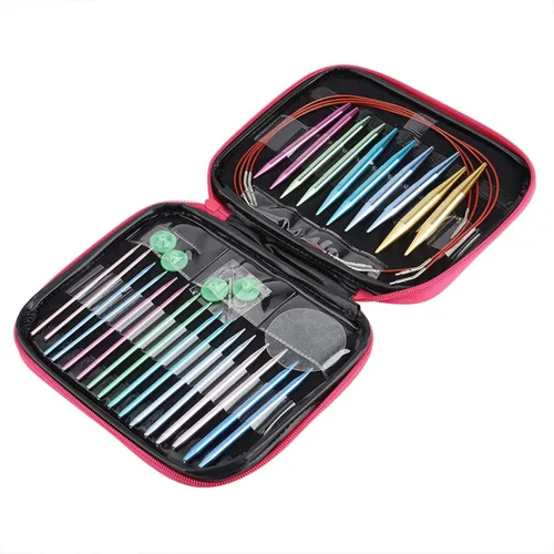Miniatura 9 de Kit de agujas de tejer de aluminio, 13 pares de agujas de tejer circulares intercambiables con asas ergonómicas, agujas de ganchillo con estuche