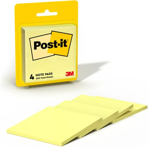 Post-it Bloque de notas original, 3" x 3" 50 hojas por bloque, paquete de 4 color amarillo, Amarillo canario