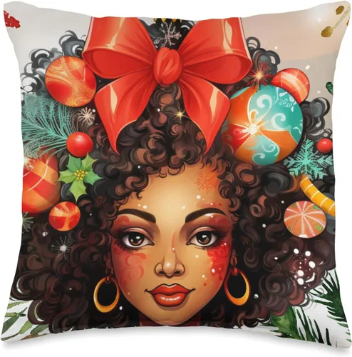 Black women Christmas ornament melanin curly hair Melanin Christmas Queen Xmas Black Girl Magic Ornament Throw Pillow, 16x16, Multicolor