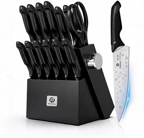 imarku Juego de 14 cuchillos con bloque, juego de cuchillos de cocina de acero inoxidable japonés con afilador integrado, asas ergonómicas