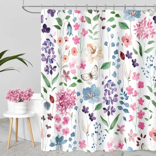 Miniatura 25 de MAYZUS Cortina de ducha con flores azules acuáticas, lindas cortinas de tela con flores para baño, juego de cortinas de tela de aguamarina