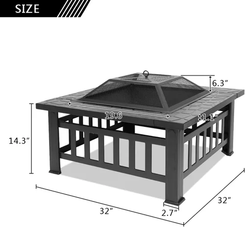 Miniatura 4 de Fogata de leña para exteriores, hoguera cuadrada de metal de 32 pulgadas para exterior, mesa multifuncional con tapa de malla y póker