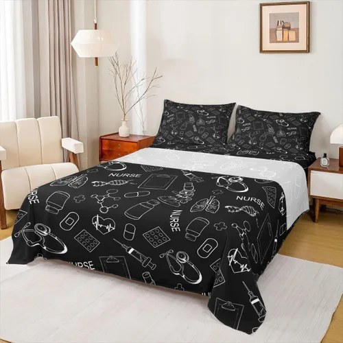 Miniatura 25 de Erosebridal Nurse Sheet Set Stethoscope Twin Sheets Set for Teen Boys,Colorful Medical Healthcare Heartbeat Syringe Fitted Sheet
