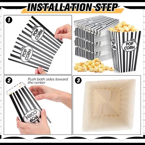 Miniatura 8 de Xinnun 100 paquetes de cajas de palomitas clásicas con rayas en negro y blanco, cubos de papel para palomitas desechables a prueba de aceite