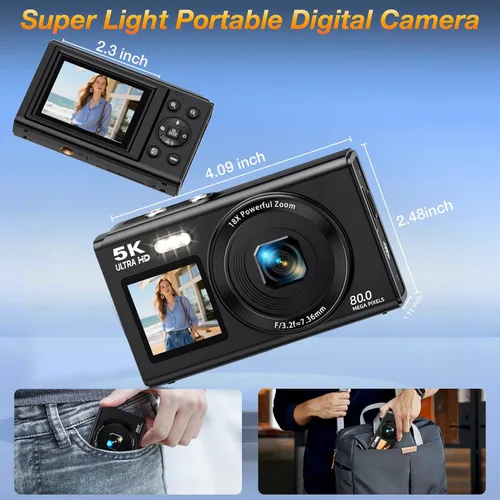 Miniatura 7 de Cámara digital de pantalla dual 5K para vlogging, cámara WiFi de 80MP con pantalla frontal, zoom 18X, luz de relleno, incluye tarjeta de 64GB y 2