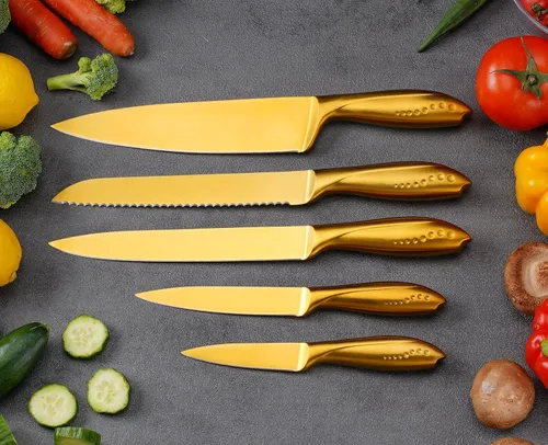 Miniatura 6 de WELLSTAR - Juego de cuchillos de cocina dorados de 5 piezas, hoja de acero inoxidable alemán afilada y mango ergonómico con revestimiento de titanio